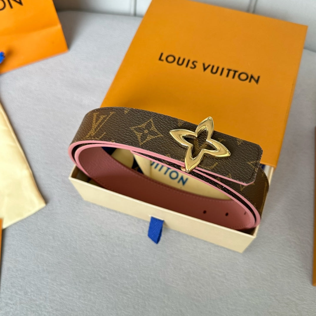 LV Flowergram 30mm Reversible Belt Gold Buckle Pink Brown Leather