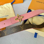 LV Flowergram 30mm Reversible Belt Gold Buckle Pink Brown Leather