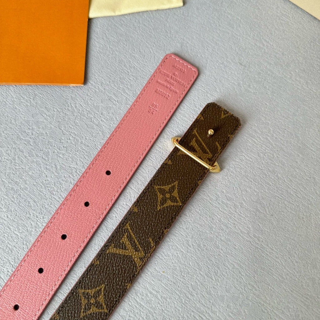 LV Flowergram 30mm Reversible Belt Gold Buckle Pink Brown Leather