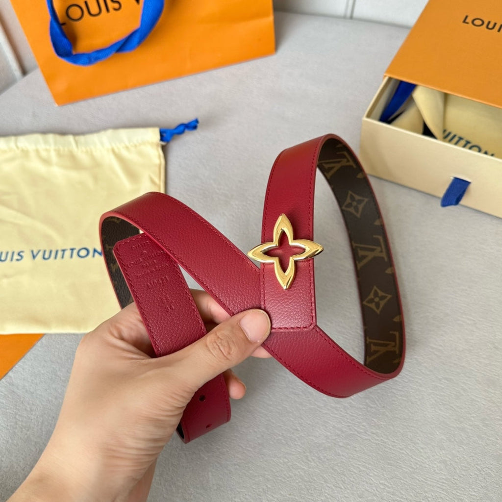 LV Flowergram 30mm Reversible Belt Gold Buckle Burgundy Brown Leather