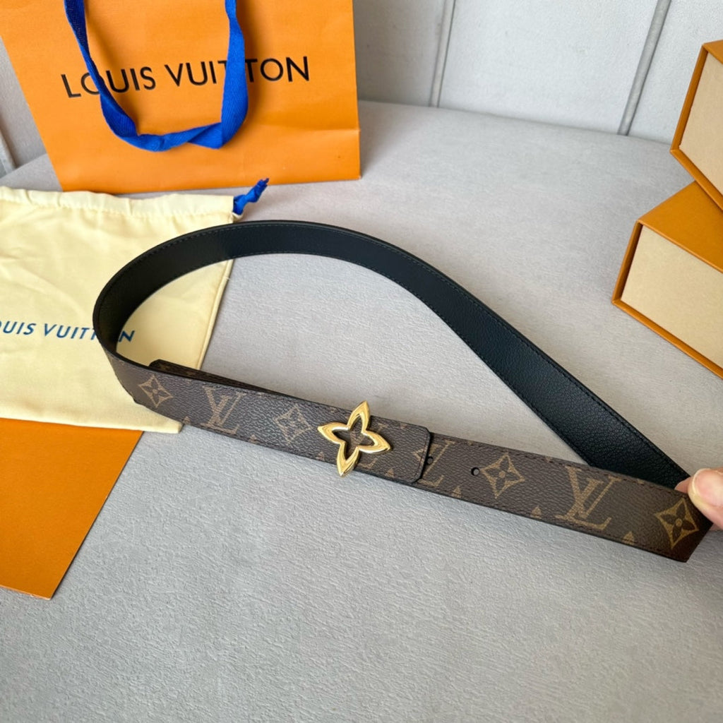 LV Flowergram 30mm Reversible Belt Gold Buckle Black Brown Leather