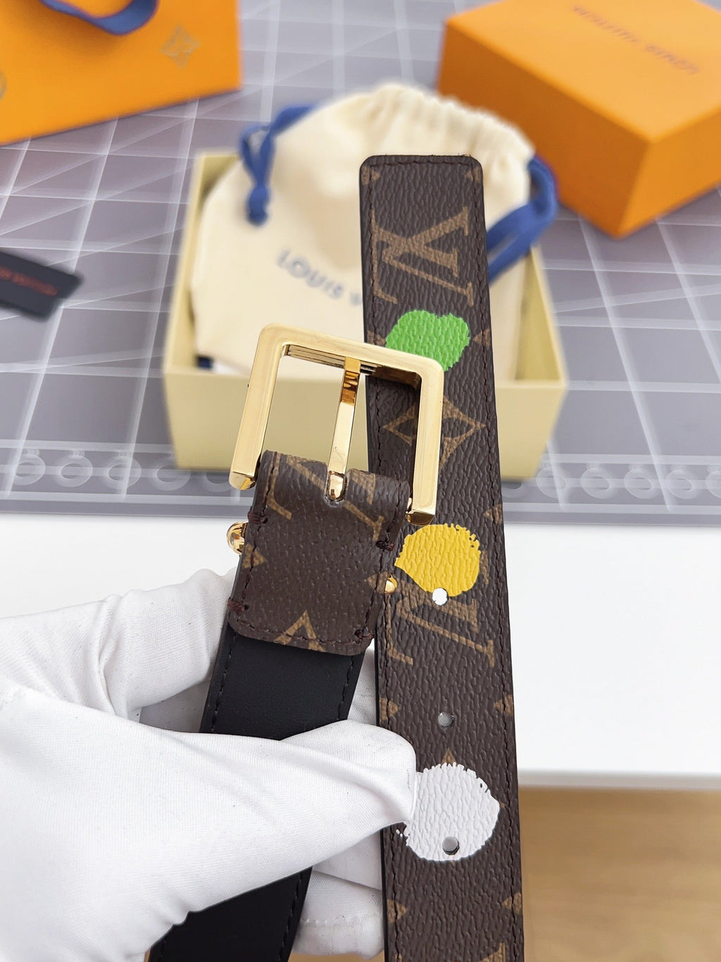 LV Bloom 30mm Mutilcolor Belt Gold Buckle Black Brown Leather
