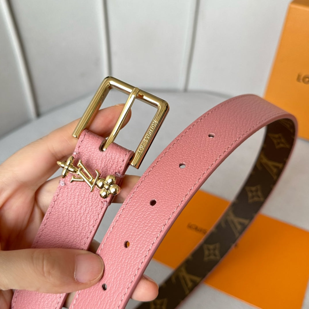 LV Bloom 30mm Belt Gold Buckle Pink Brown Leather