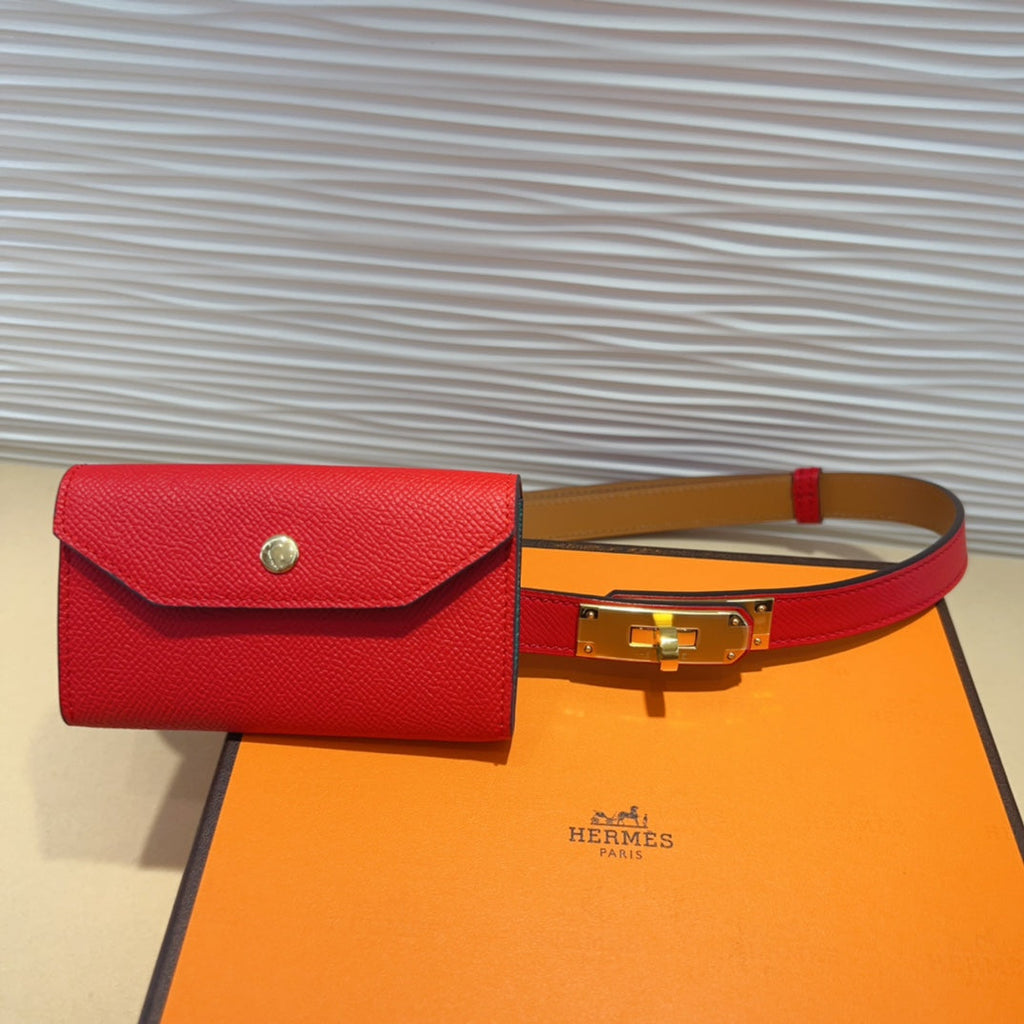 HM KELLY POCKET 18MM BELT CHERRY RED LEATHER GOLD HARDWARE
