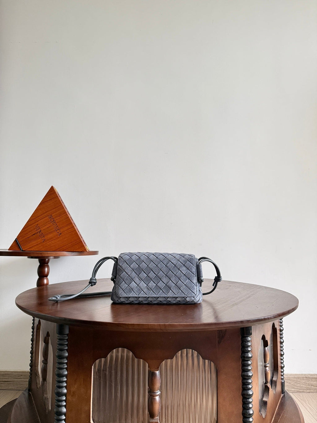BV Notturno Flap Bag Grey Suede Intrecciato Leather