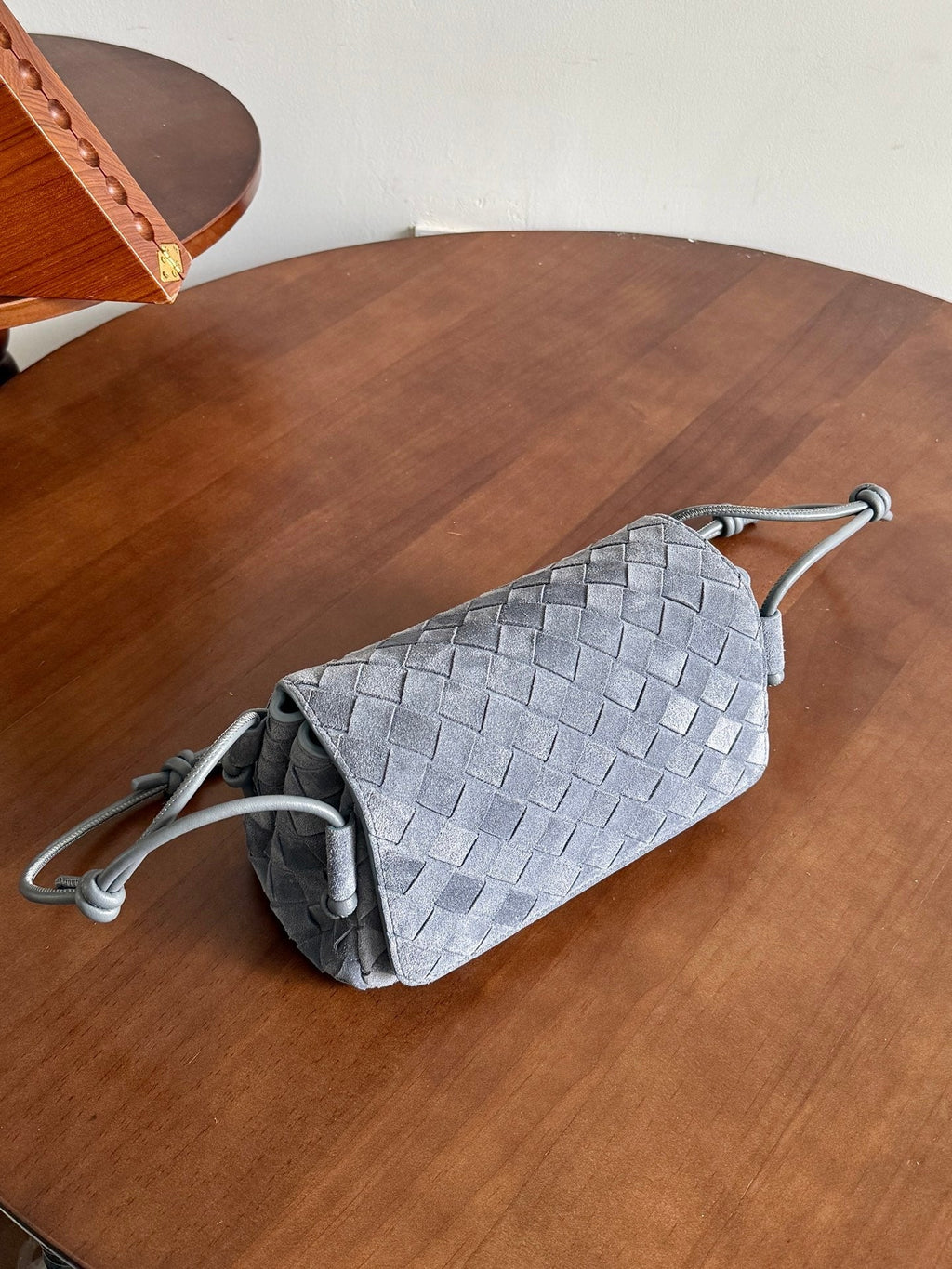 BV Notturno Flap Bag Grey Suede Intrecciato Leather