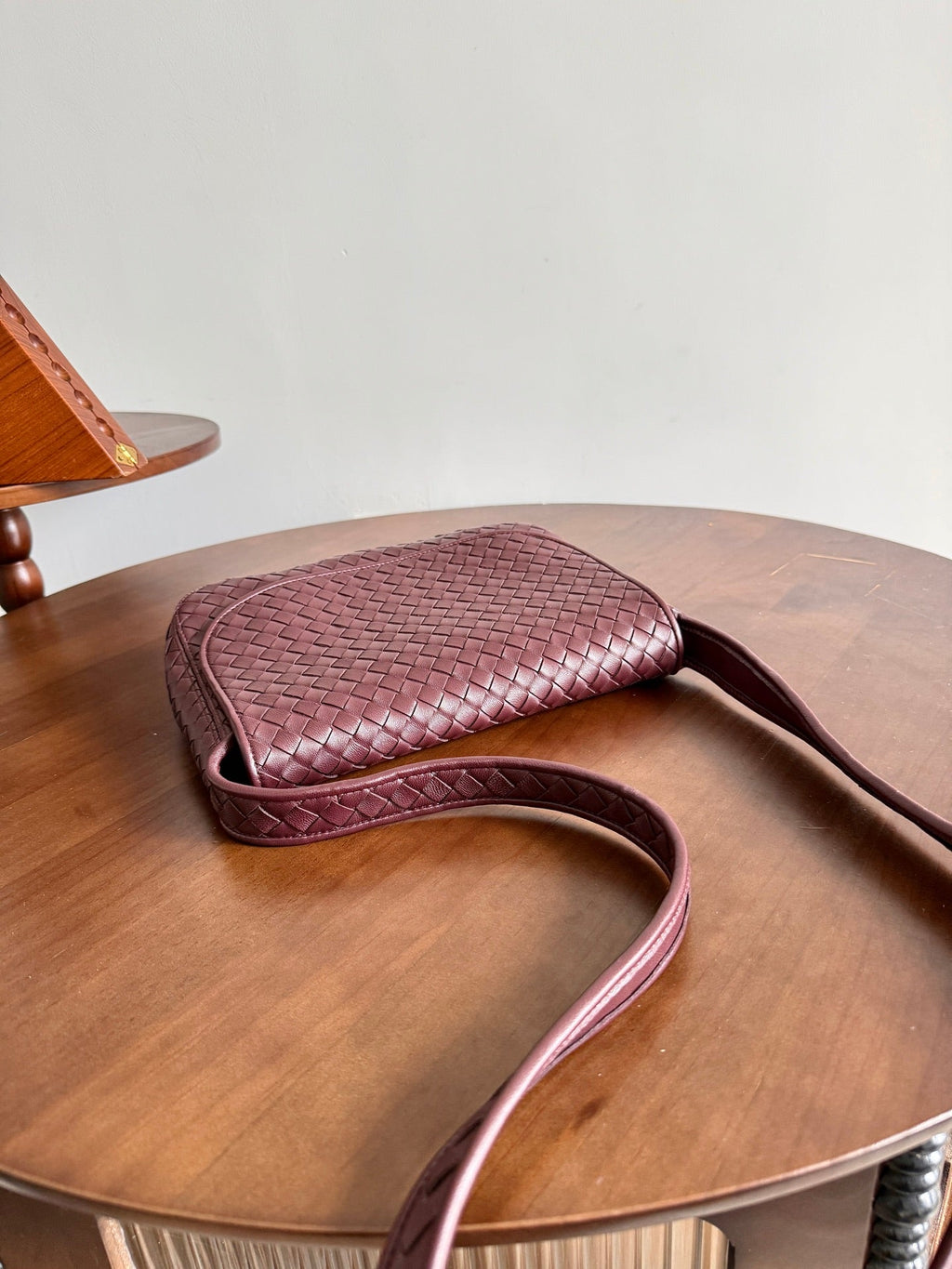 BV Veneto Flap Messenger Burgundy Intrecciato Leather