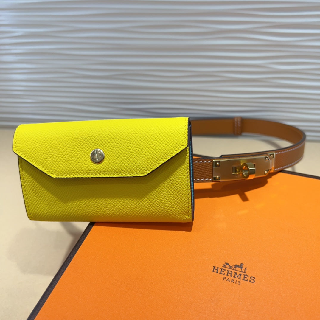 HM KELLY LEMON YELLOW POCKET 18MM BELT CINNAMON BROWN LEATHER GOLD HARDWARE
