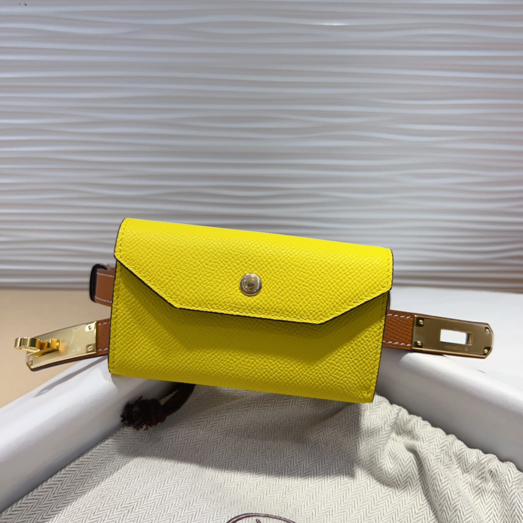 HM KELLY LEMON YELLOW POCKET 18MM BELT CINNAMON BROWN LEATHER GOLD HARDWARE