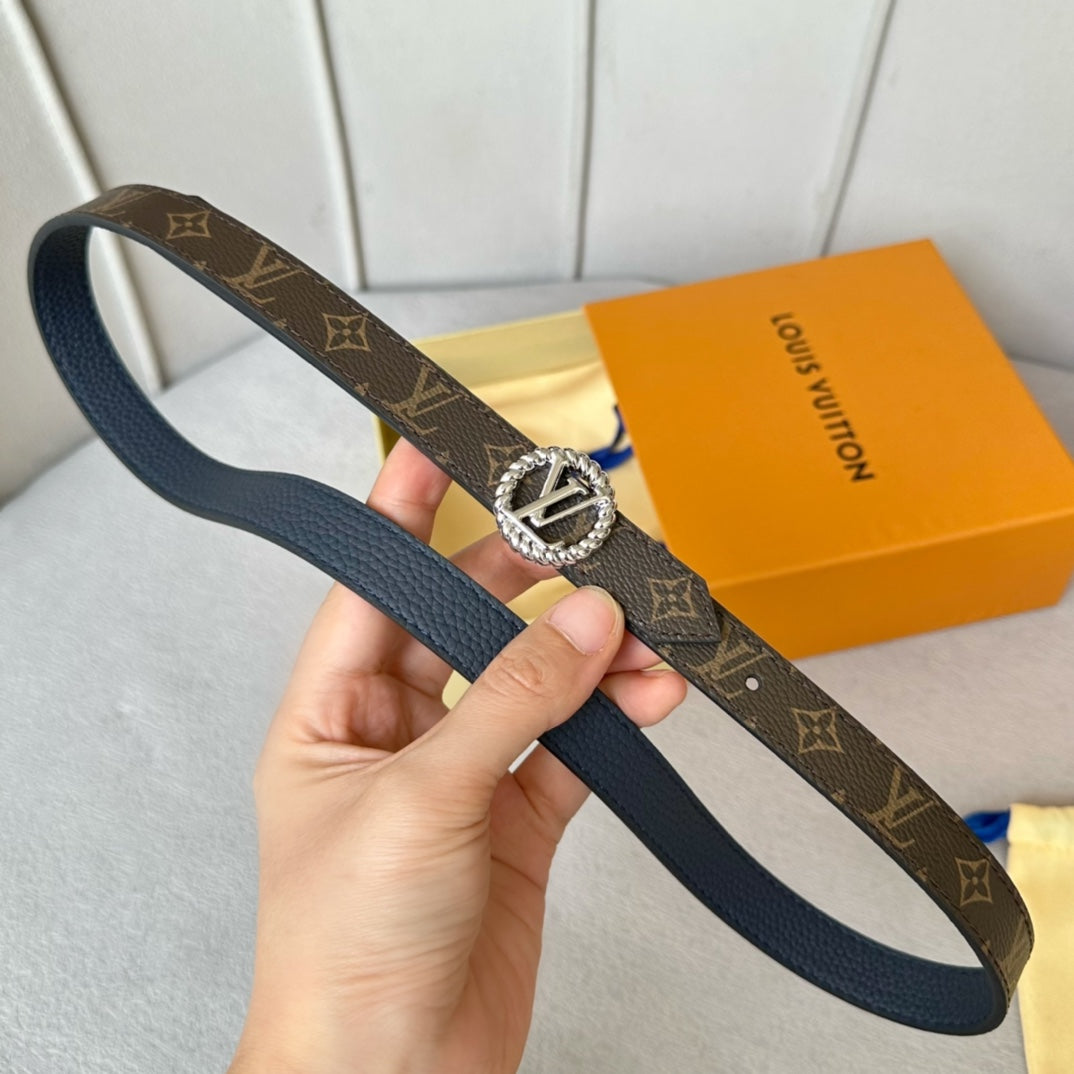LV Circle Nautical 20mm Reversible Belt Silver Buckle Navy Blue Brown Leather