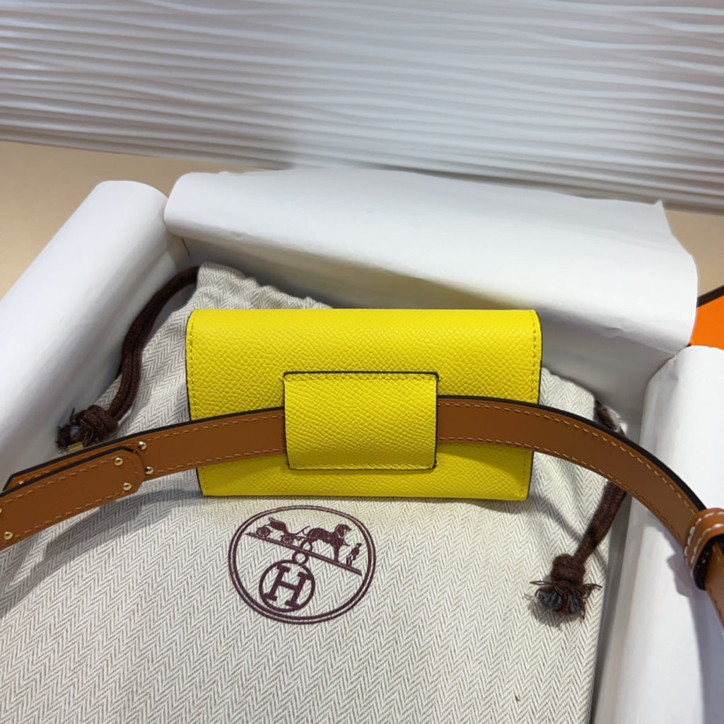 HM KELLY LEMON YELLOW POCKET 18MM BELT CINNAMON BROWN LEATHER GOLD HARDWARE