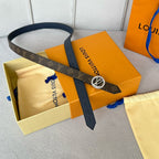 LV Circle Nautical 20mm Reversible Belt Silver Buckle Navy Blue Brown Leather