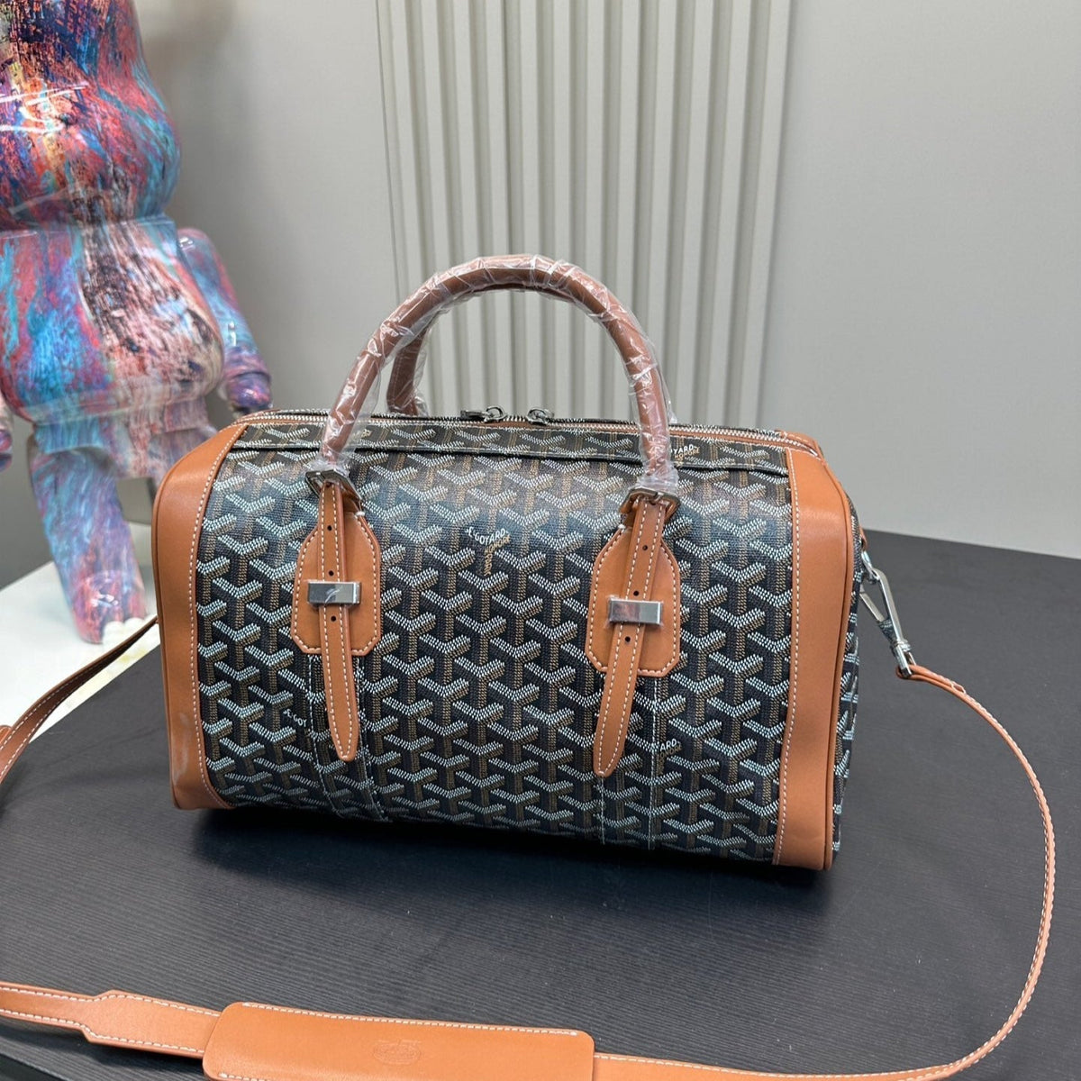 SAC HARDY PM BAG 35 IN BLACK GOYARDINE CANVAS AND TAN CALFSKIN