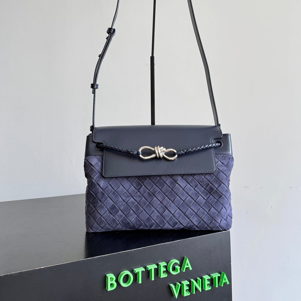BV Small Andiamo Messenger Bag 29s Dark Blue Suede Intrecciato Leather