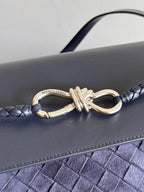 BV Small Andiamo Messenger Bag 29s Dark Blue Suede Intrecciato Leather