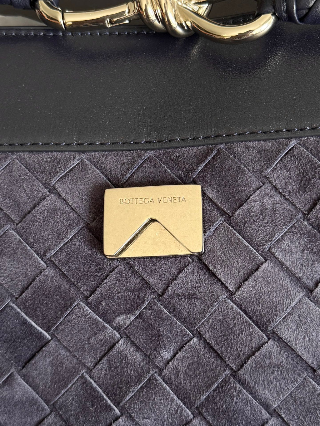 BV Small Andiamo Messenger Bag 29s Dark Blue Suede Intrecciato Leather