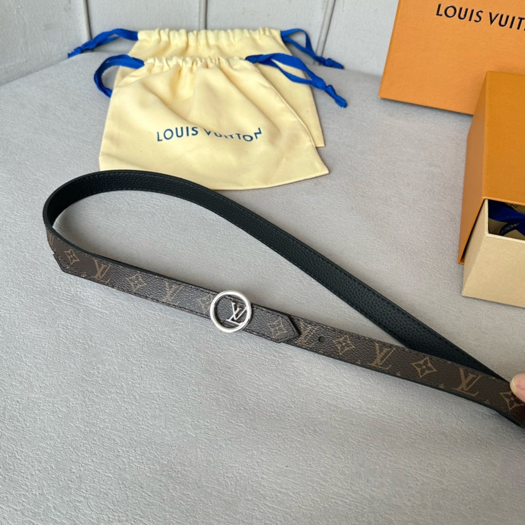 LV Circle 20mm Reversible Belt Silver Buckle Black Brown Leather