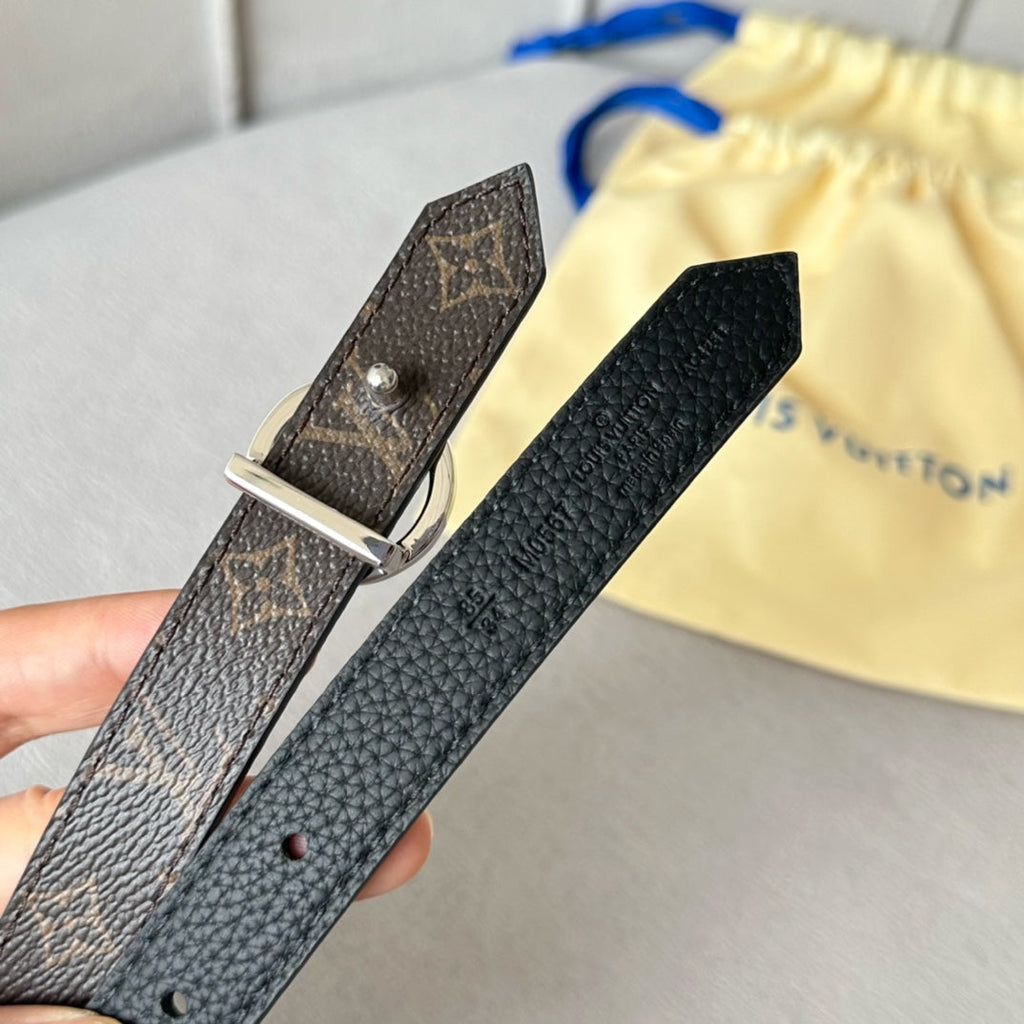 LV Circle 20mm Reversible Belt Silver Buckle Black Brown Leather
