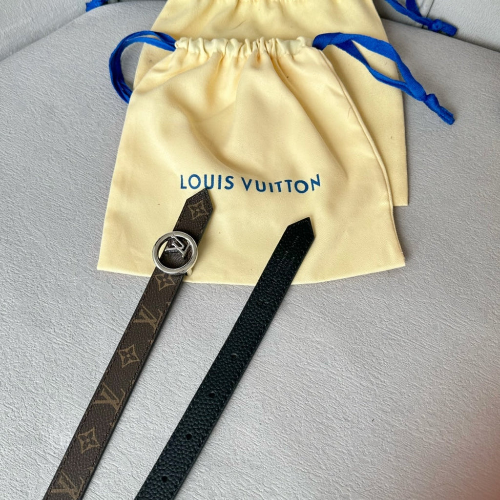 LV Circle 20mm Reversible Belt Silver Buckle Black Brown Leather