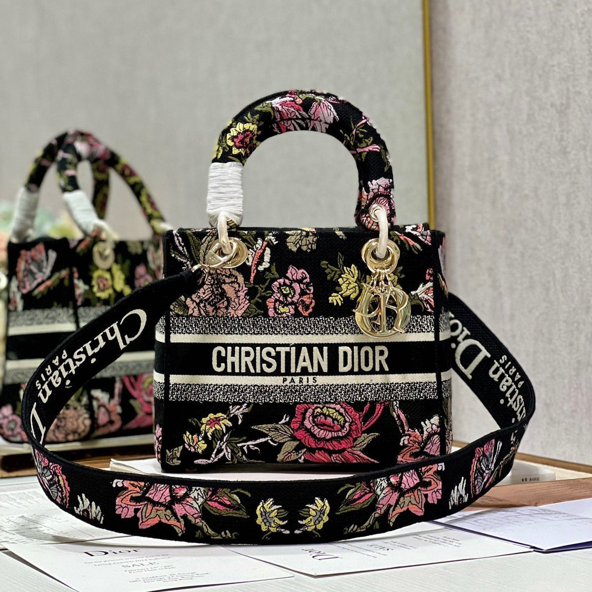 CD Glenflower Black 24 Lady Dior Bag Canvas 336727