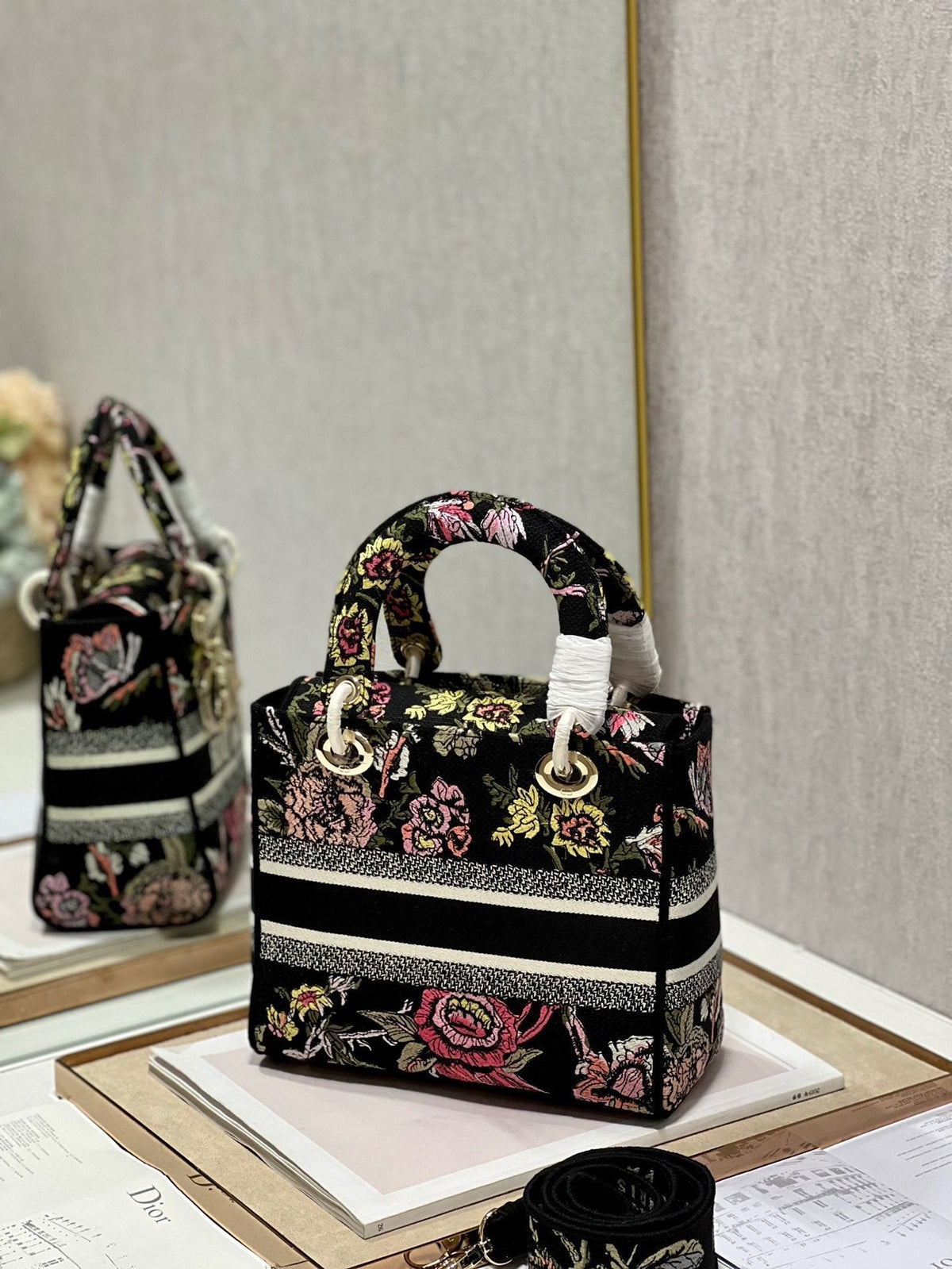 CD Glenflower Black 24 Lady Dior Bag Canvas 336727