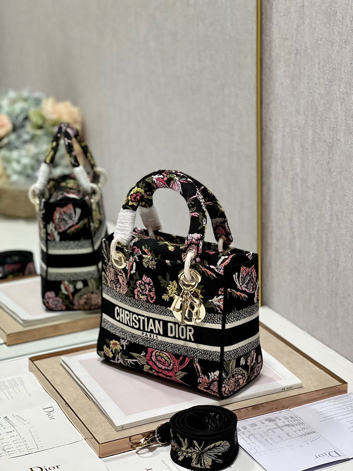 CD Glenflower Black 24 Lady Dior Bag Canvas 336727