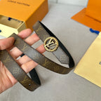LV Circle Nautical 20mm Reversible Belt Gold Buckle Black Brown Lambskin