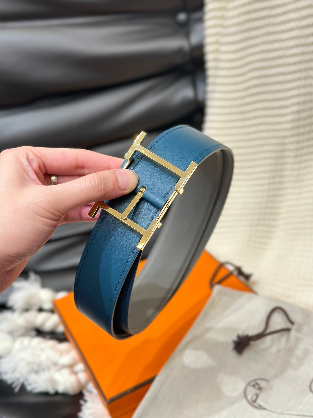 HM HADRIEN 38MM REVERSIBLE BELT GREY AND BLUE LEATHER GOLD BUCKLE