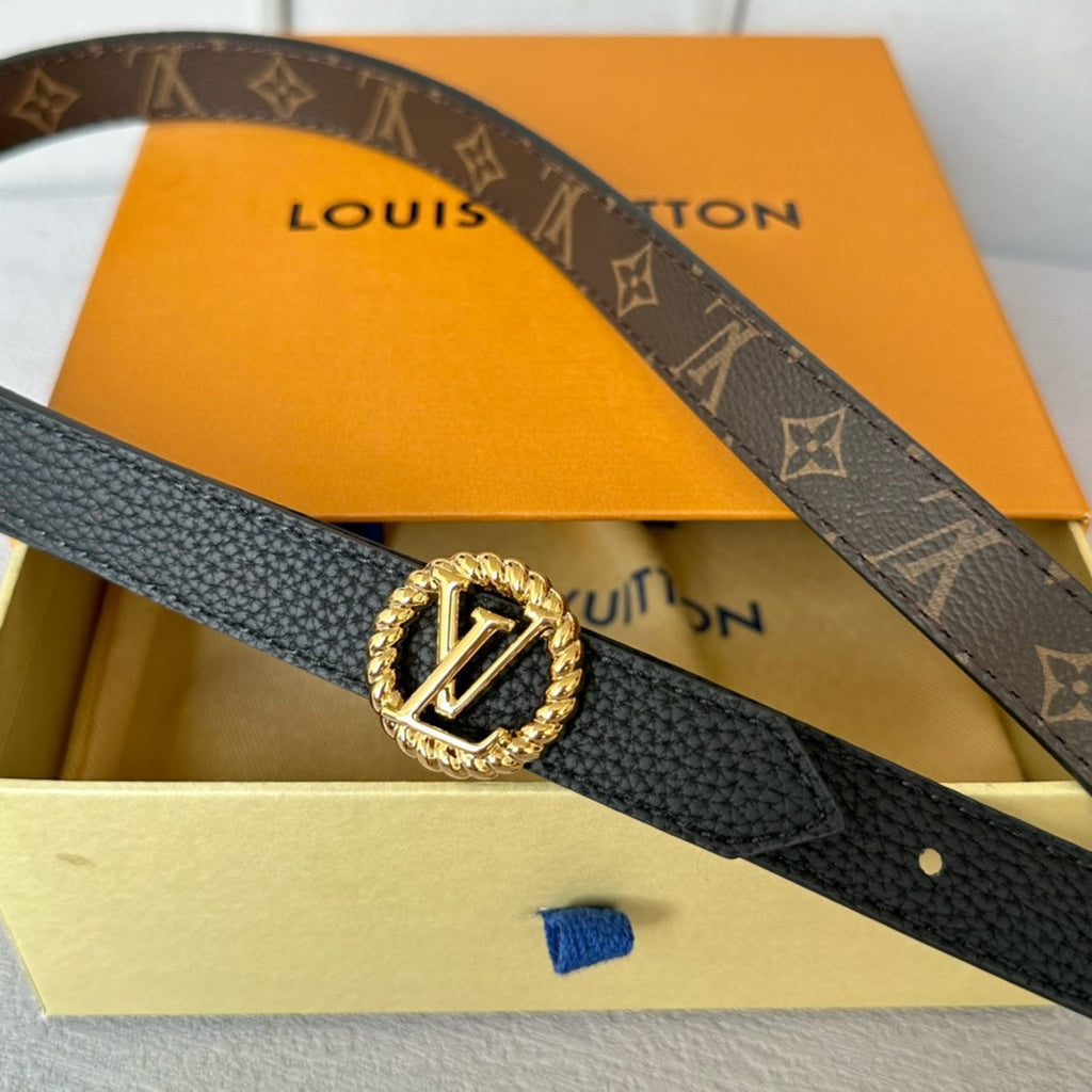 LV Circle Nautical 20mm Reversible Belt Gold Buckle Black Brown Leather
