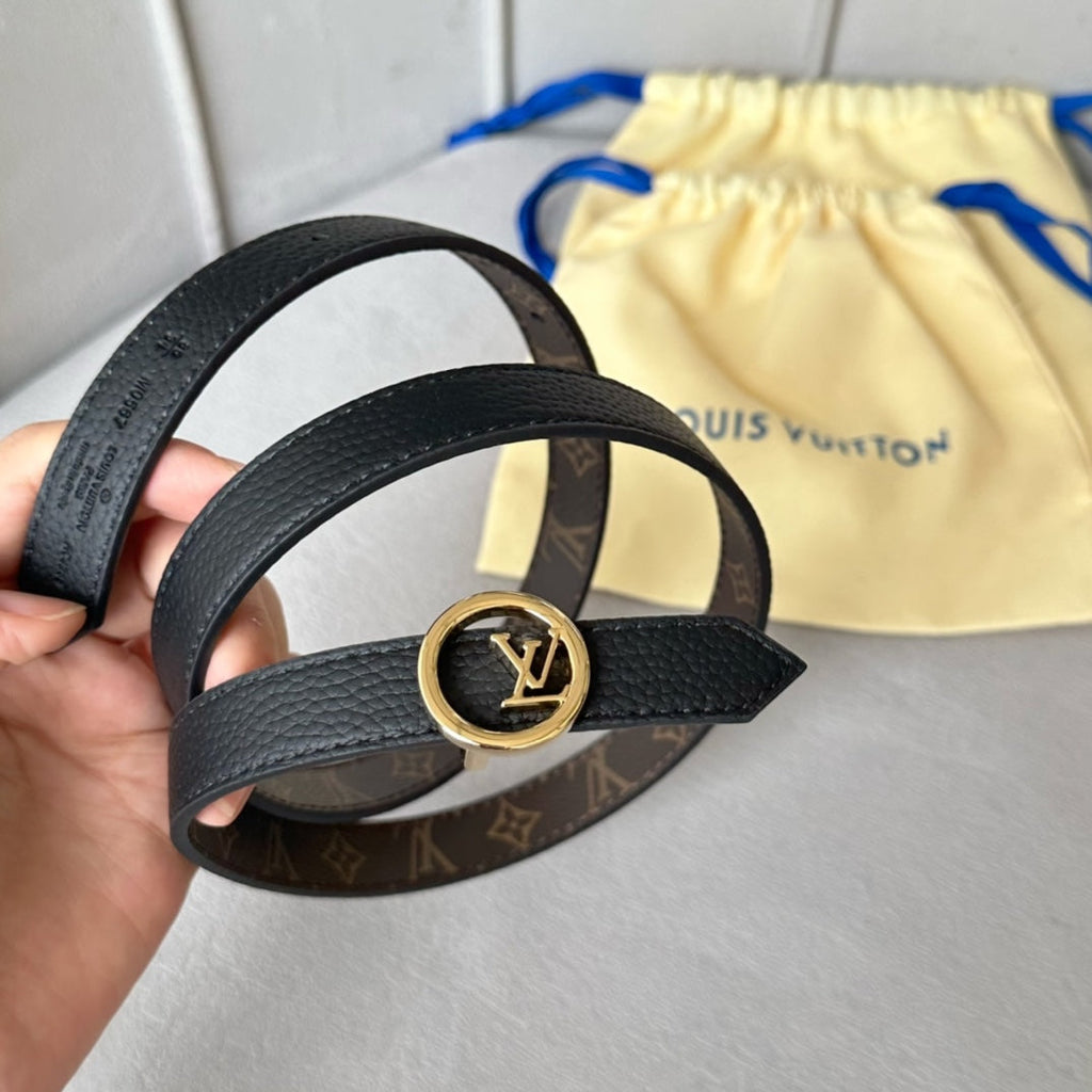 LV Circle 20mm Reversible Belt Gold Buckle Black Brown Leather