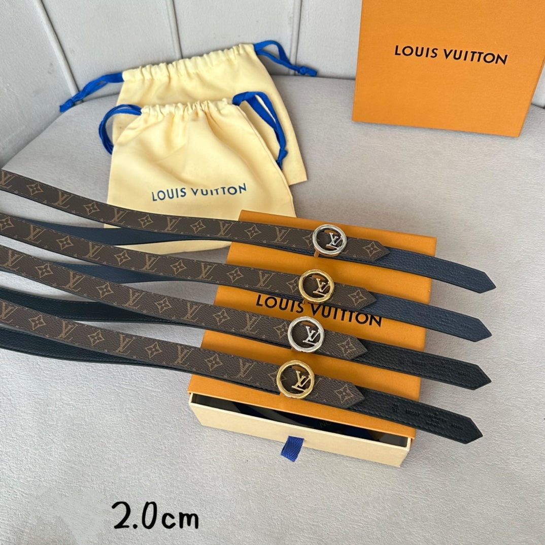 LV Circle 20mm Reversible Belt Gold Buckle Black Brown Leather