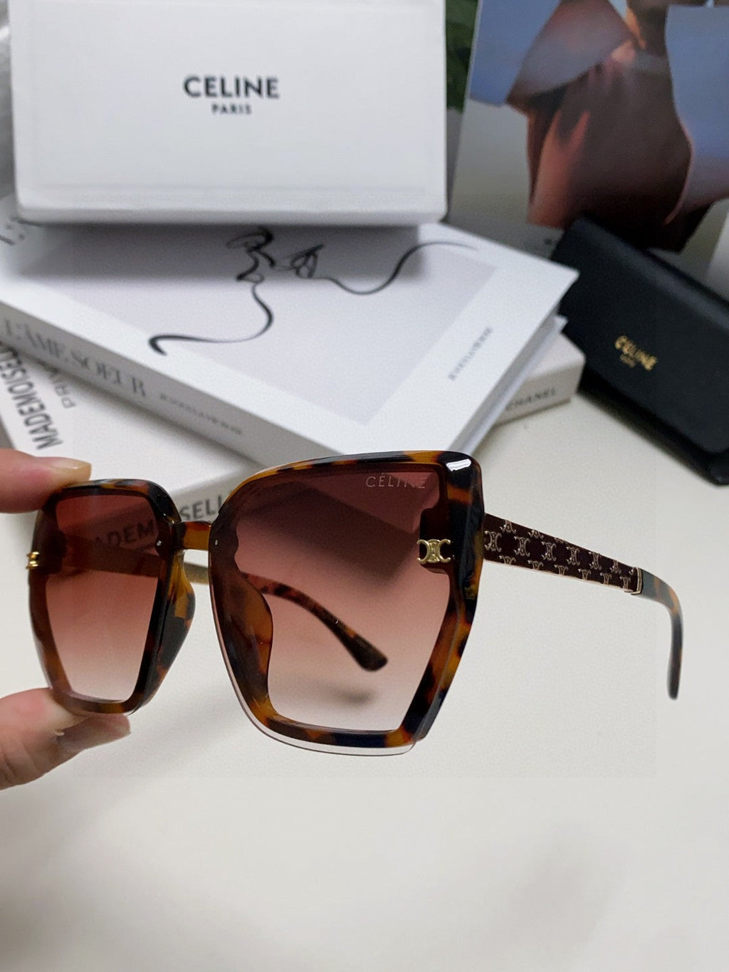TRIOMPHE SUNGLASS 497830 IN HAVANA ACETATE EMBOSSED LOGO